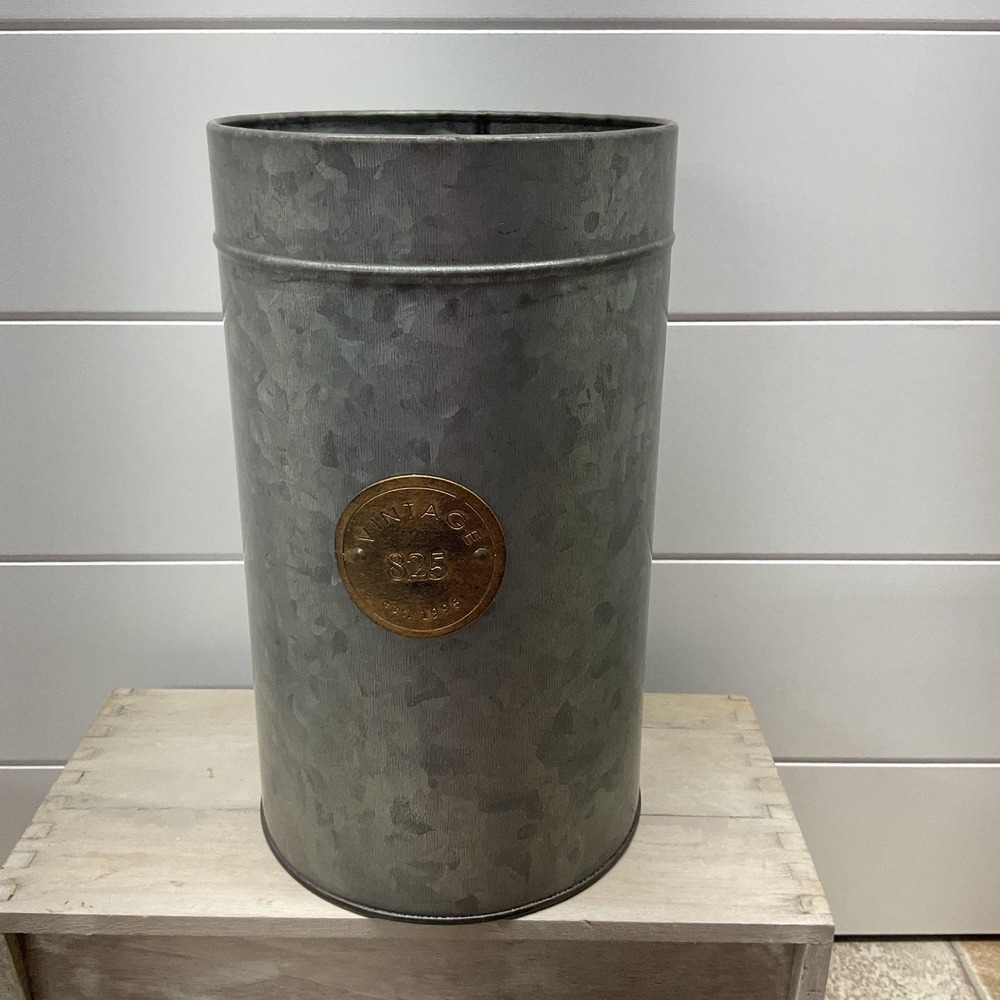 Collins Galvanized Metal Cylinder Vase Vintage 825 Emblem Grey Farmhouse Decor